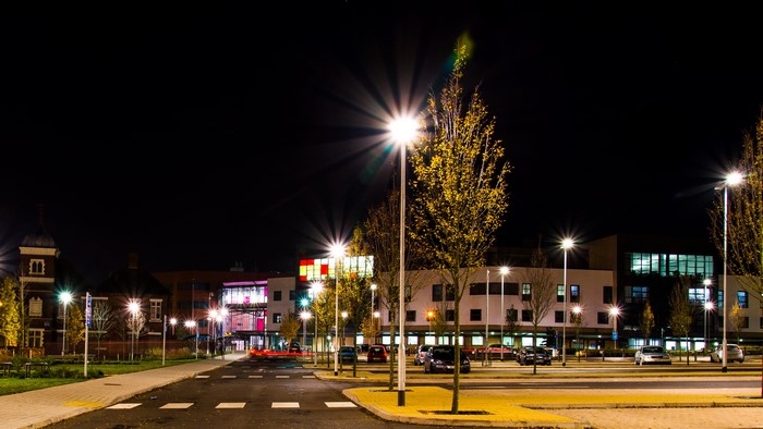 Street lights and buildings at night in Walsall, England