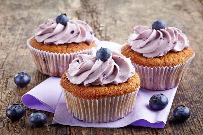 Three Blueberry Cupcakes with Blueberries