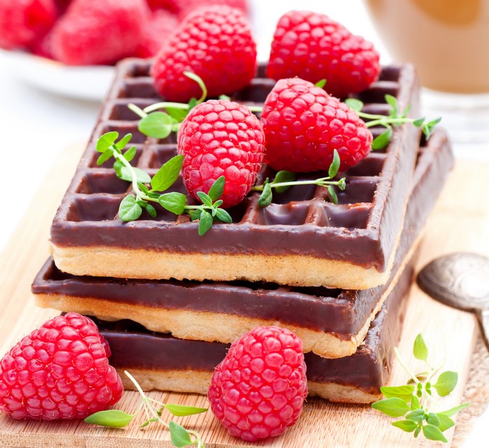 Chocolate waffles with raspberries and thyme