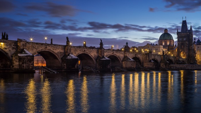 Charles Bridge at night in Prague, Czech Republic