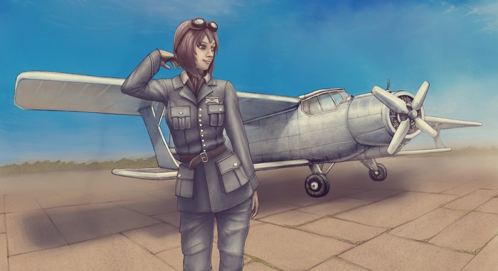 Female pilot in uniform with biplane