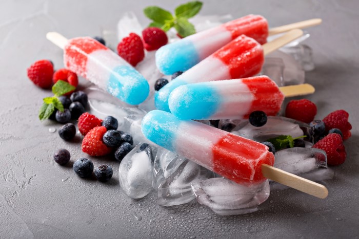 Red, White, and Blue Popsicles with Berries and Ice