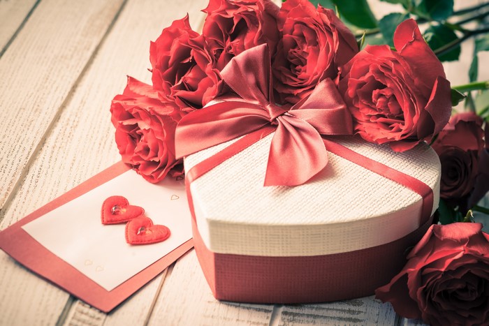 Valentine's Day Heart Gift Box with Red Roses and Card