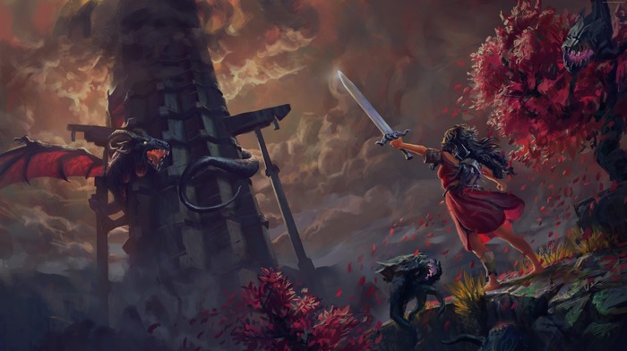 Girl with sword fights dragon near tower