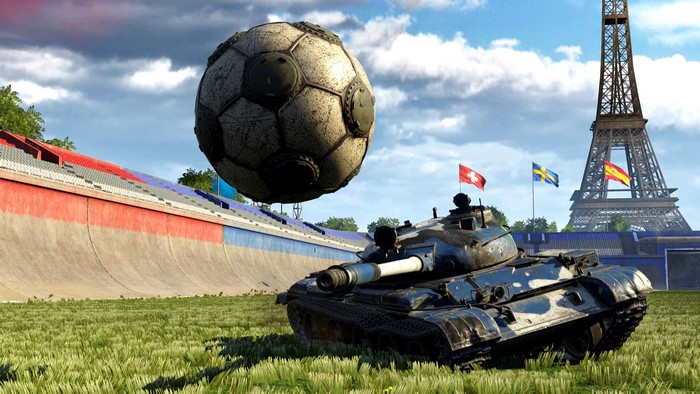 World of Tanks tank with soccer ball near Eiffel Tower