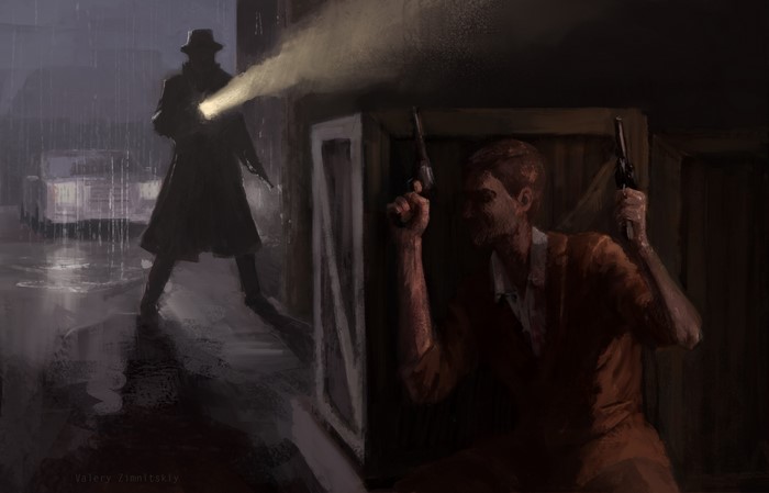 Men with pistols in the rain