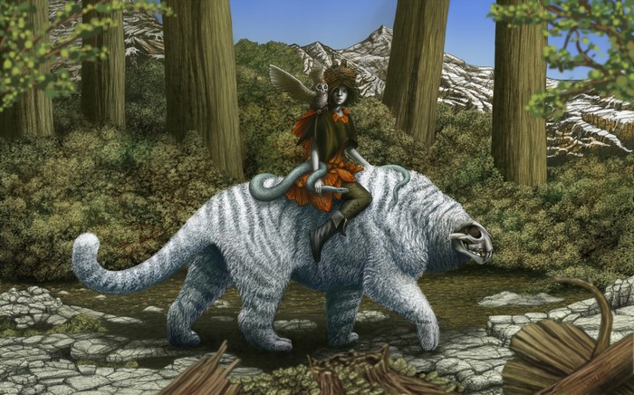 Child riding a white tiger with a snake and owl