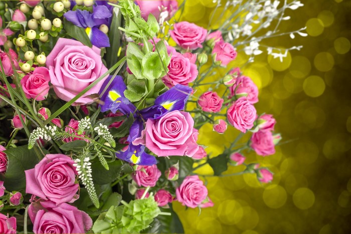 Pink Roses and Irises Flower Arrangement