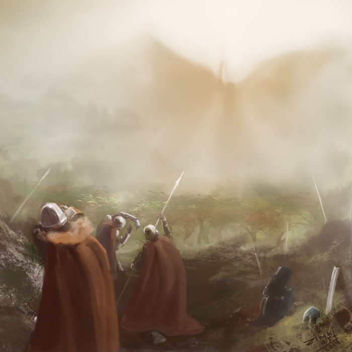 Warriors and an angel in a misty landscape