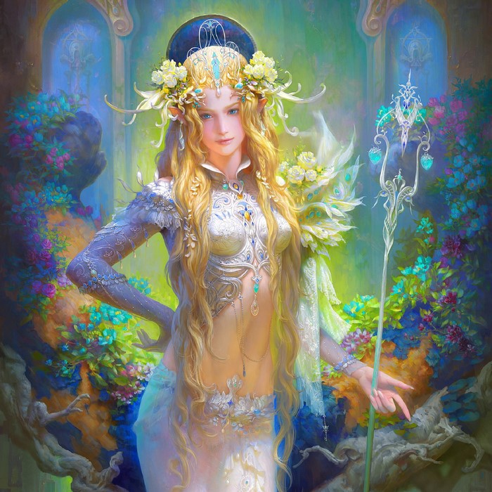 Elf woman with blonde hair and flower crown holding a staff