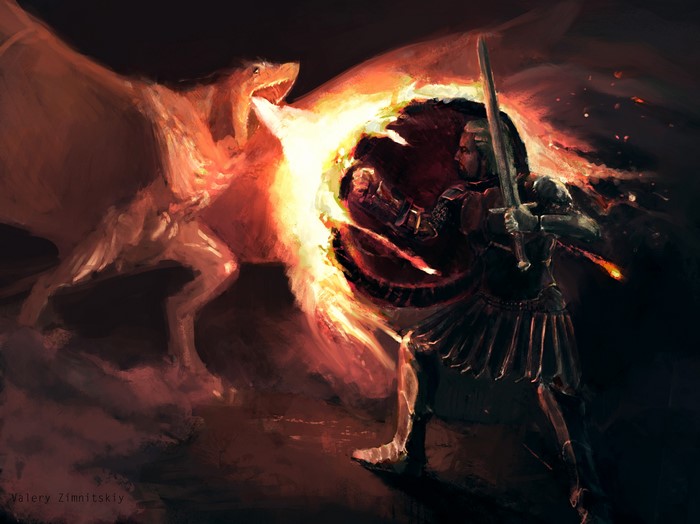 Dragon breathing fire at a knight with a sword and shield