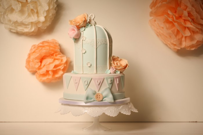 Two-tier cake with birdcage topper and floral decorations