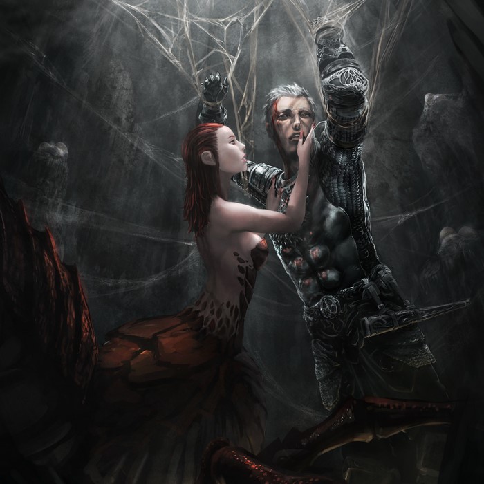 Warrior trapped in spider web by a spider-like creature