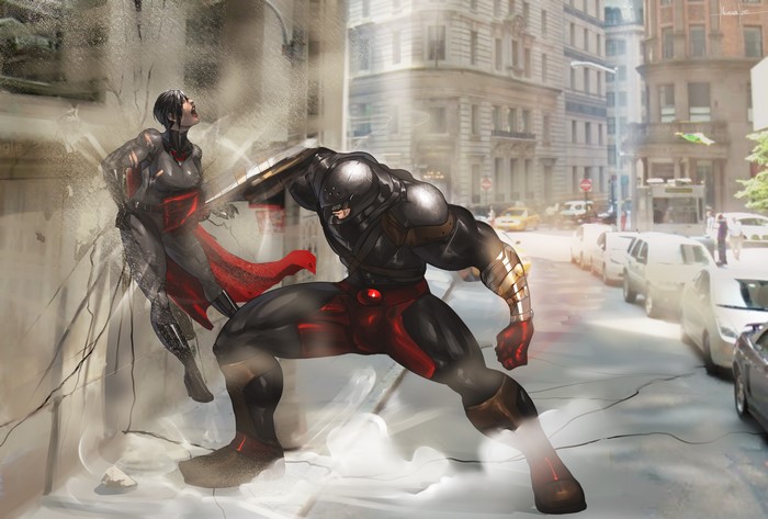 Superwoman and a male fighter battle in a city