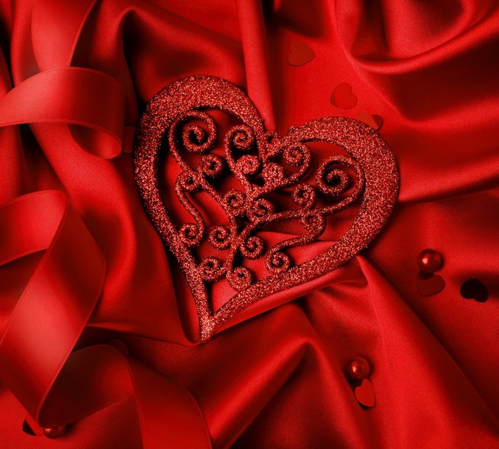 Red Glitter Heart on Red Silk Fabric
