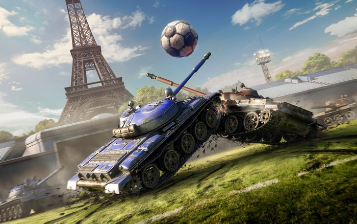 World of Tanks tanks near Eiffel Tower with soccer ball
