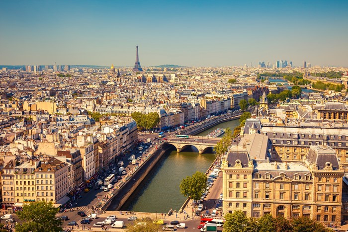 Paris cityscape with Eiffel Tower and Seine River