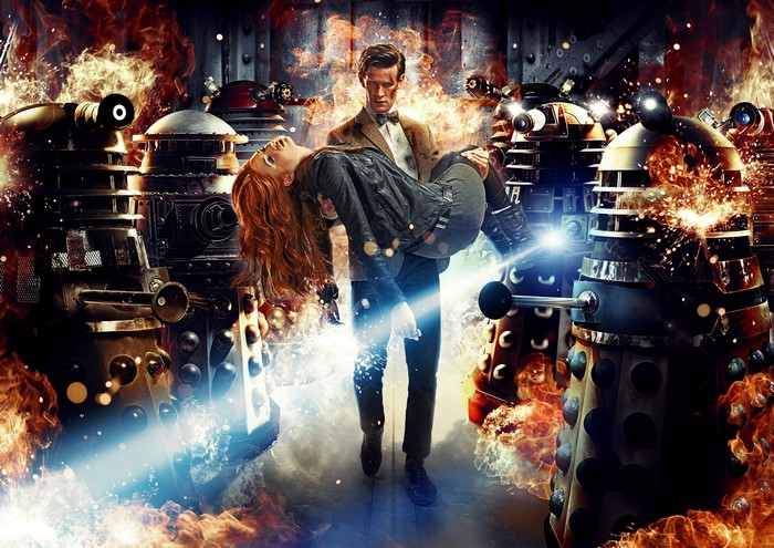 Doctor Who: Matt Smith carries Amy Pond amidst Daleks