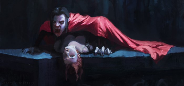 Vampire attacking a woman with a red cloak