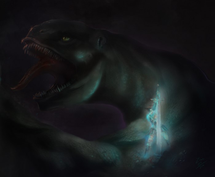 Dragon Monster and Warrior with Glowing Sword