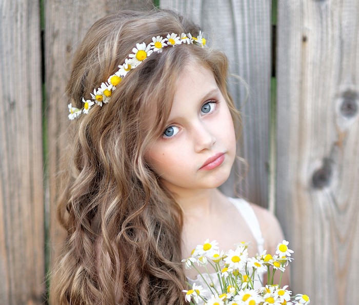 Girl with Daisy Wreath and Bouquet