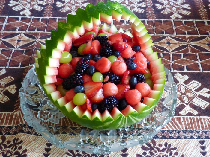 Watermelon fruit basket with berries and grapes
