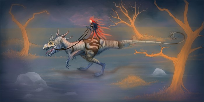 Warrior riding a dinosaur in a misty landscape