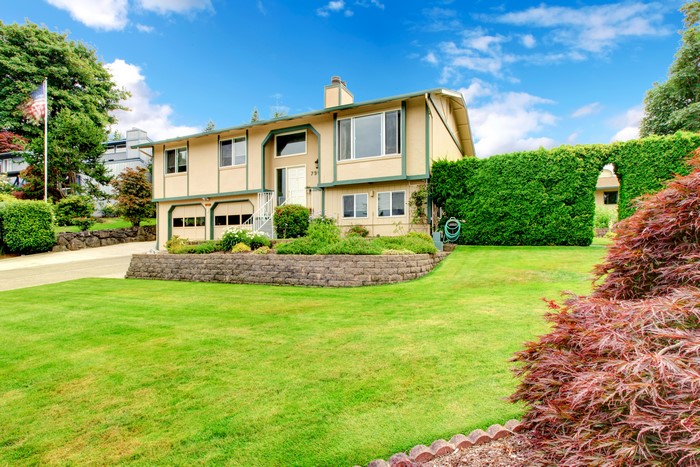 House with lawn and shrubs