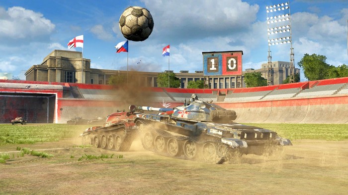 World of Tanks tanks playing soccer in stadium