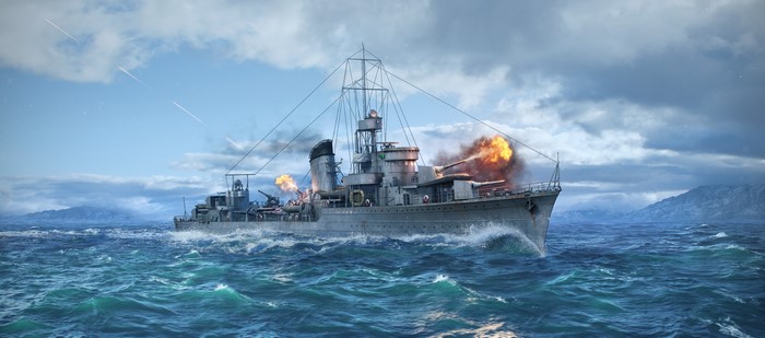 Warship firing cannons in rough seas