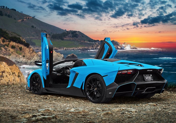 Blue Lamborghini Aventador LP720-4 50 Anniversario with doors open