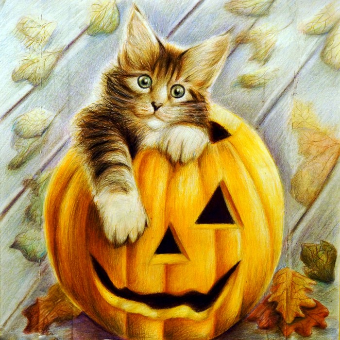 Kitten in a Halloween Pumpkin Painting