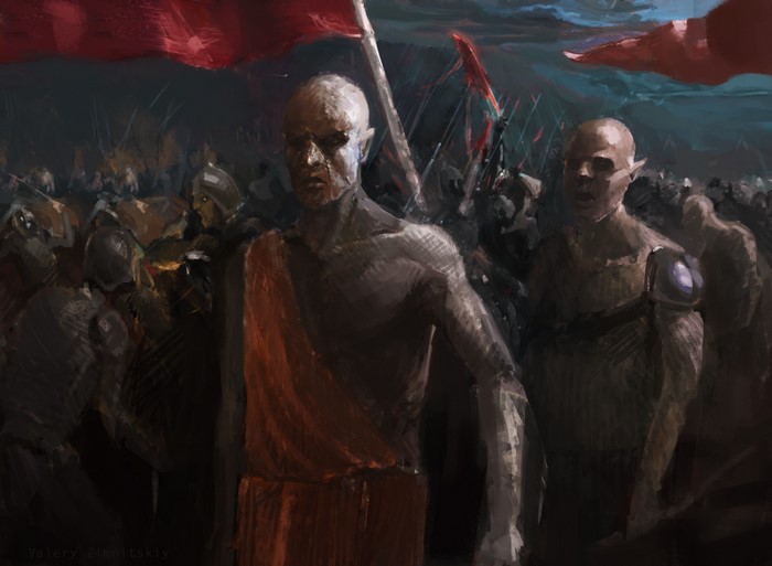 Orc warriors with red flags in a dark landscape