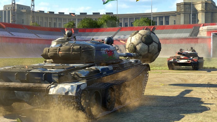 Tanks playing soccer in a stadium
