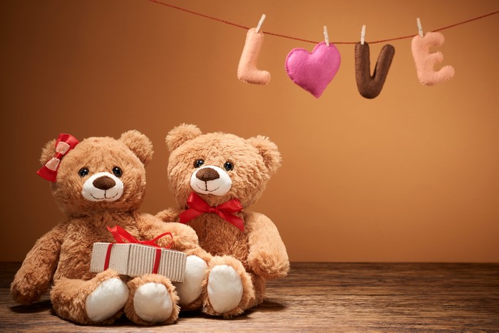 Two teddy bears with a gift and LOVE letters
