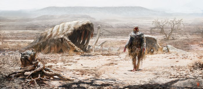 A lone figure walks past a giant skeleton in a desert