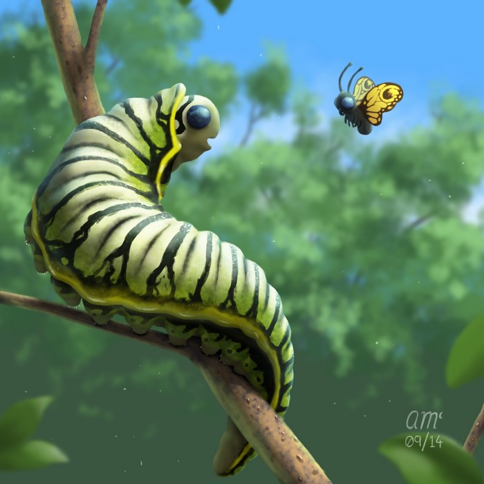 Monarch caterpillar and butterfly on a branch