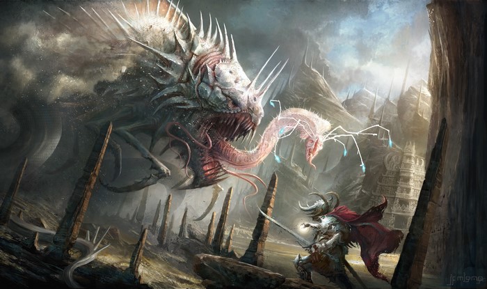 Knight fighting a large monster in Age of Conan