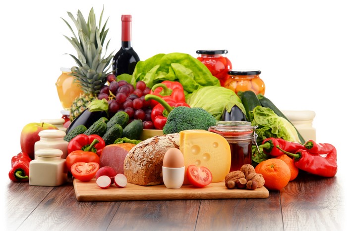 Assortment of Fruits, Vegetables, Cheese, Bread, and Wine