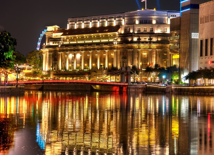 The Fullerton Hotel and Singapore River at Night