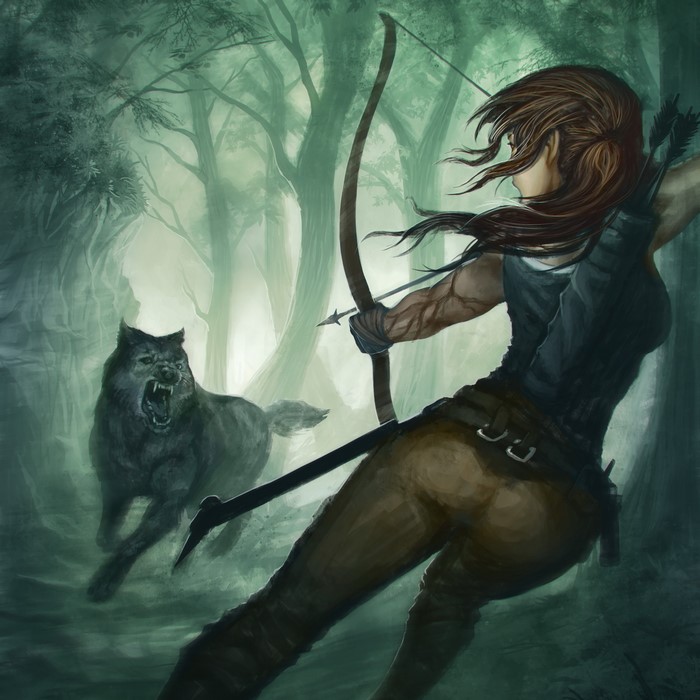 Lara Croft from Tomb Raider fighting a wolf with a bow