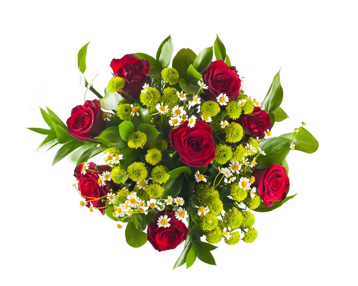 Bouquet of red roses and green chrysanthemums with daisies