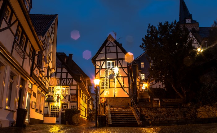 Half-timbered houses at night in Essen, Germany