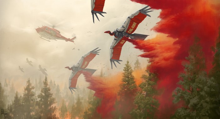 CAL-FIRE helicopters and robotic birds fighting wildfire