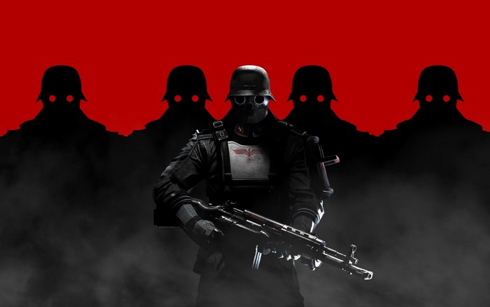 Wolfenstein soldiers with assault rifles on red background