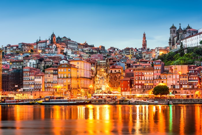 Porto, Portugal cityscape on Douro River at dusk