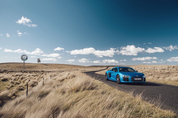 Blue Audi R8 V10 Plus on a Country Road