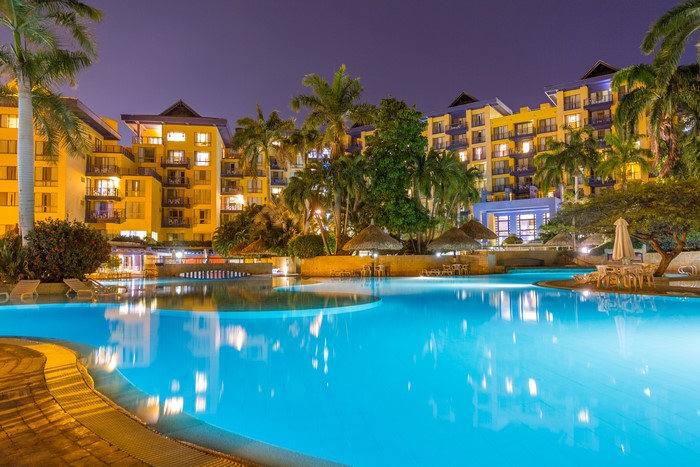 Resort with pool at night in Santa Marta, Colombia