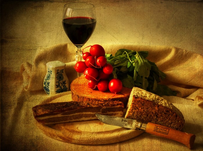 Still life with wine, radishes, bread, and ham