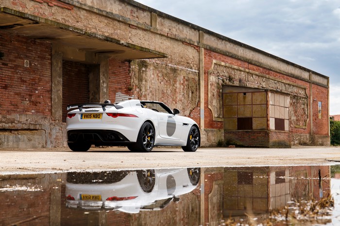 White Jaguar F-Type Project 7 Convertible in Puddle